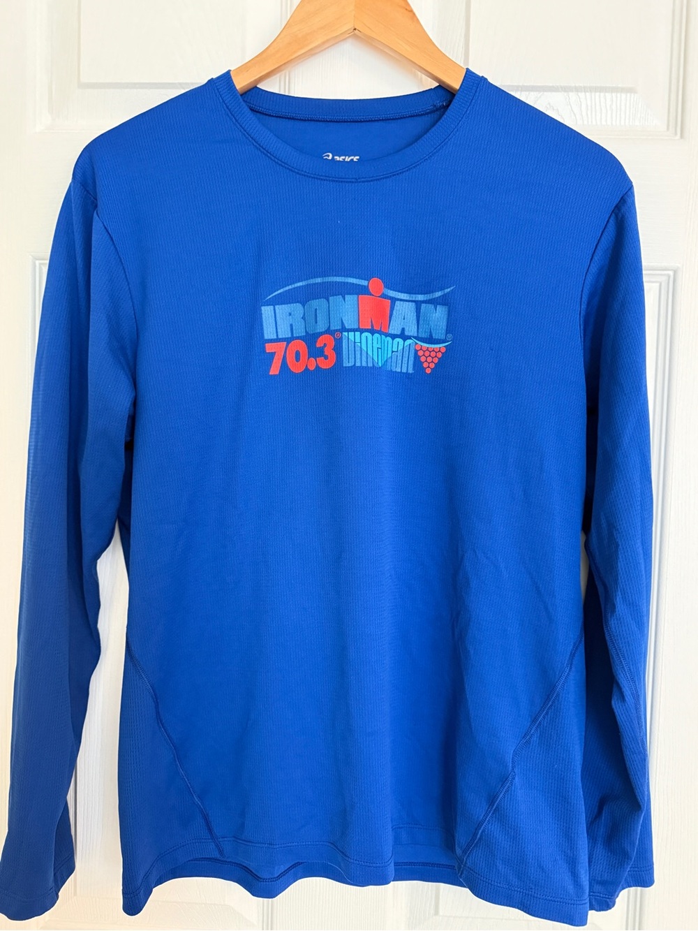M Asics Men's Royal Blue Long Sleeve Performance Shirt with Red Accent